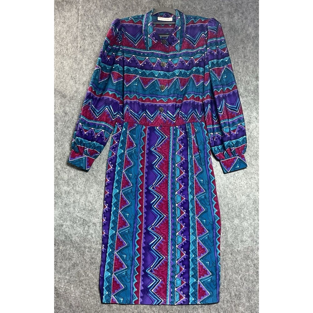Vintage Brenner Dress Womens PM Geometric Midi Office Retro 80s Petite Medium